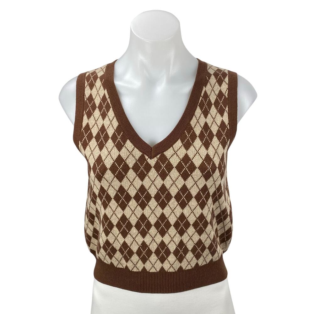 Aritzia Sunday Best Women's Brown Wool Argyle Sleeveless Sweater Vest Top Size S